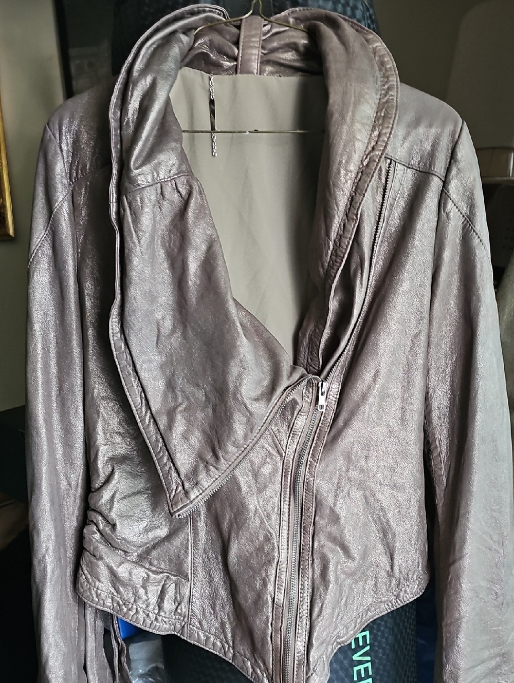 Women's Metallic Taupe Hooded Leather Jacket